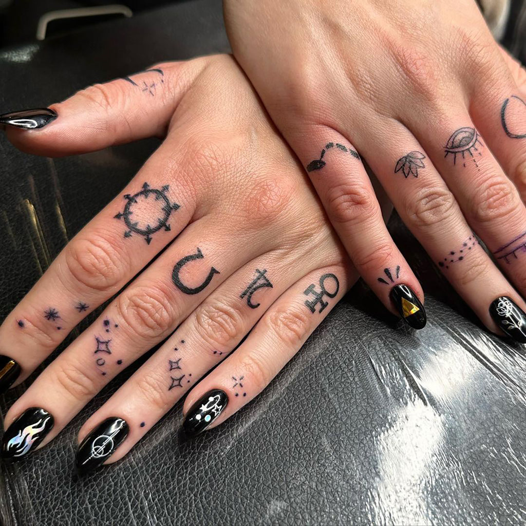 Tiny Modern Studio on Instagram: “Dainty finger tattoos to represent her  family and life 🖤 .… | Hand and finger tattoos, Tiny tattoos for women,  Small hand tattoos